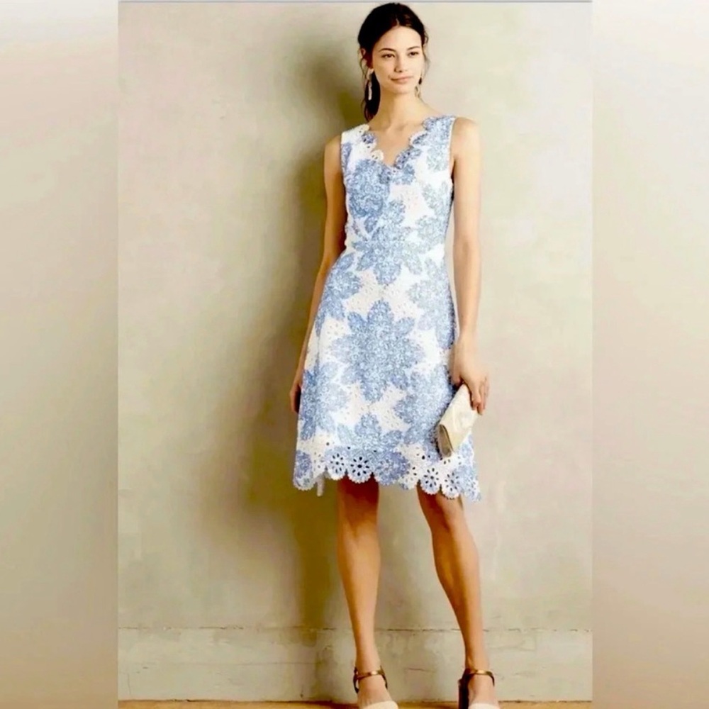 Eva Franco Blue & White Eyelet Lace Dress